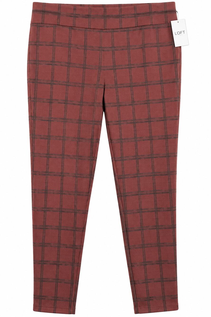 LOFT NWT Rust Plaid Ankle Pants Size L Ponte-Style Pull-On Stretch
